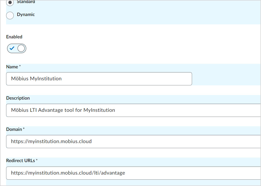 The Register a Tool page has Mobius myinstitution details. The Name, Description Domain and Redirect URLs are filled in.